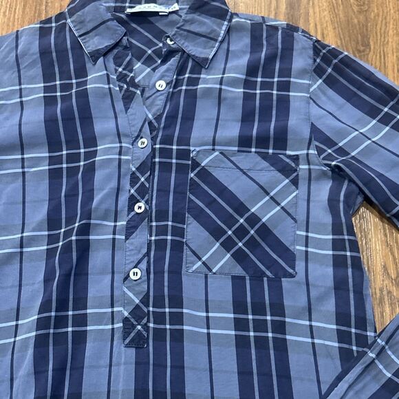 Harshman Shirt Dress Womens XS Blue Plaid Side Slits Popover 1/2 Button Down - Picture 5 of 7